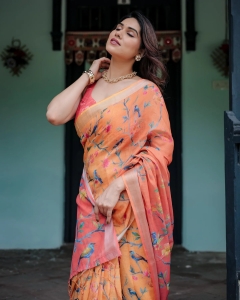 Fancy Orange  Floral Linen Cotton Saree